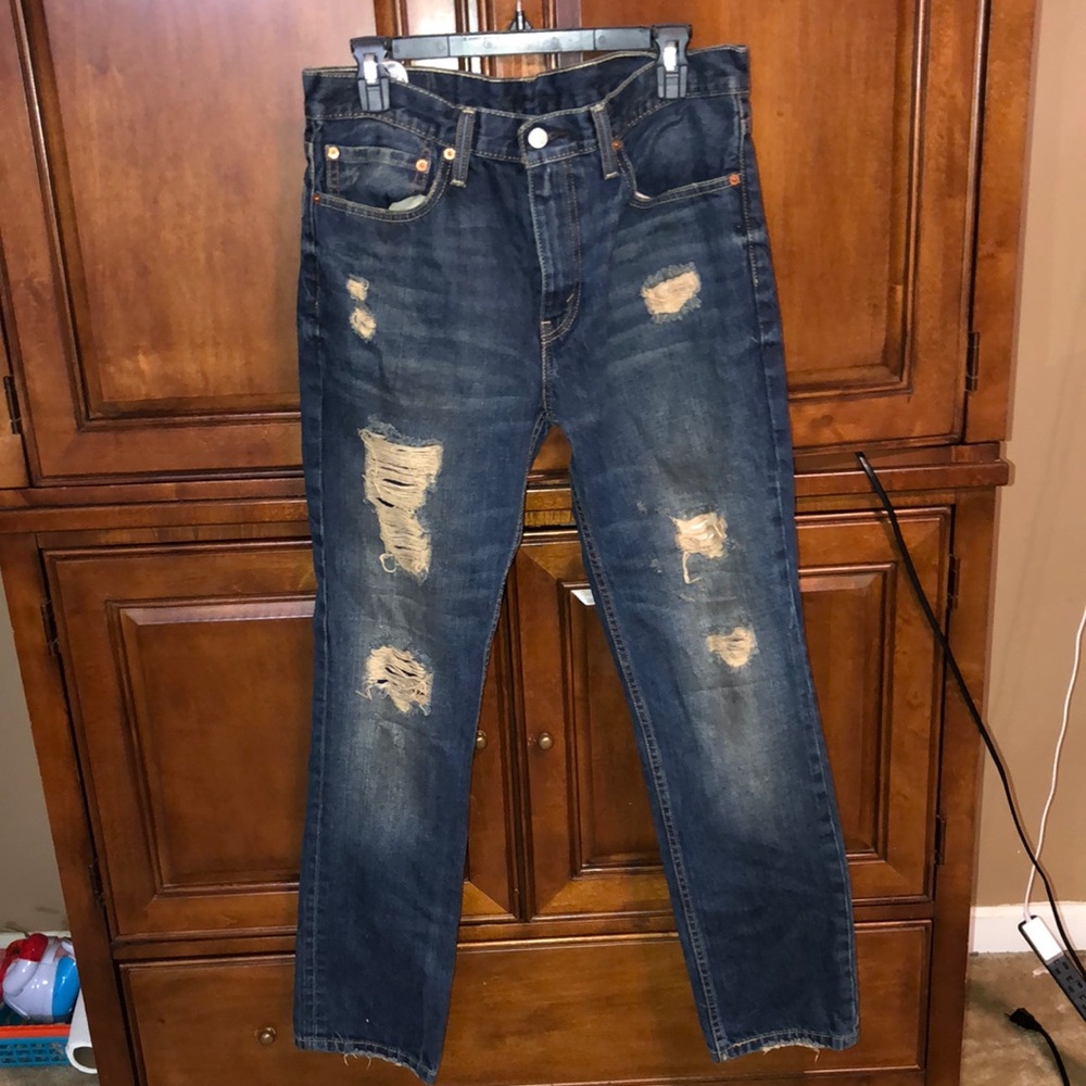 Levi's Blue Straight Jeans with Distressed Details